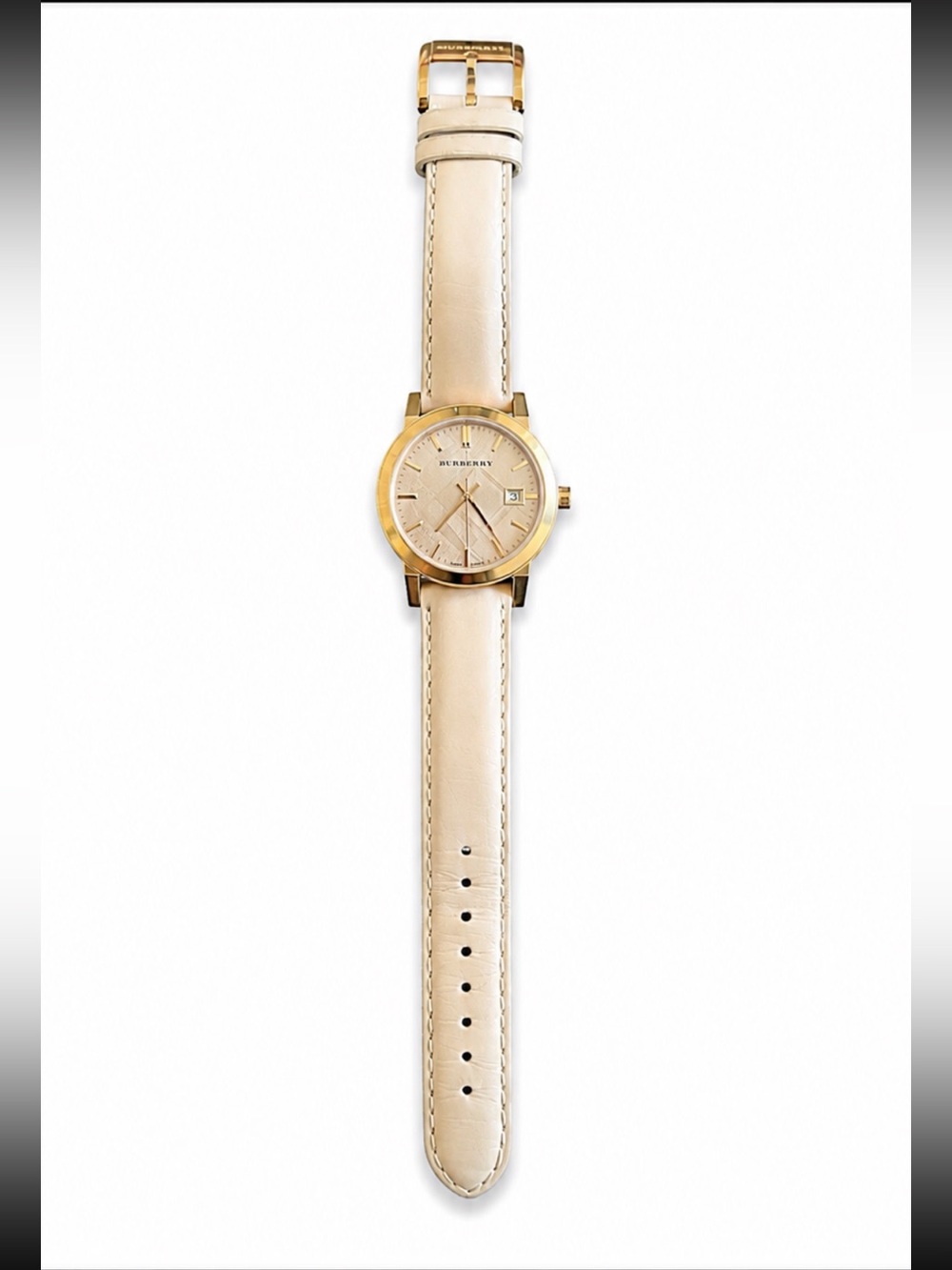 Burberry BU9109 Swiss Made Gold Tone Watch Cream Leather Strap